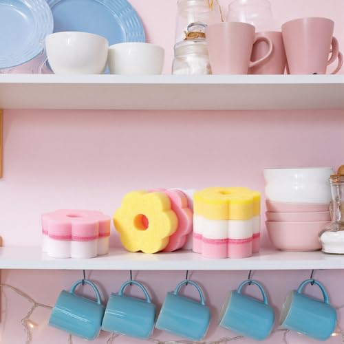 Image of Tioncy 12 Pack Pink Flowers Sponges Bulk Spring Kitchen Decor Dual Sided Scrubber Sponges Dishwashing Kitchen Cleaning Accessories for Household Supplies