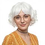 STfantasy White Curly Wigs with Bangs for Mrs Claus Cosplay Costume Short Layered Synthetic Hair Party Short Curling Wig