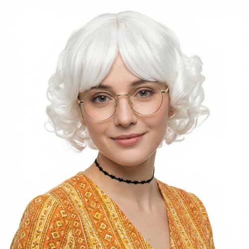 STfantasy White Curly Wigs with Bangs for Mrs Claus Cosplay Costume Short Layered Synthetic Hair Party Short Curling Wig