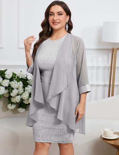 Image of ZOMVA Plus Size Sparkly Formal Dress Suit 2 Piece Mother of The Bride Groom Chiffon Jacket Outfit Cocktail Evening
