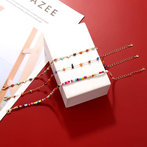 Image of Boho Beaded Ankle Bracelet Beach 18 K Gold Plated Anklet Bracelets Handmade Colorful Seed Beads Butterfly Evil Eye Heart Link Chain Anklet Pack Cute Summer Foot Jewelry for Women
