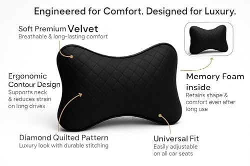 Image of Velvet Soft car Neck Pillow for Travel, Travel Rest Pillow Car Pillow Rest Cushion Support & Shoulder for Long Driving Made /Cushion Set of Pillows Compatible with All Cars - Pack of 2 Pieces (Black)