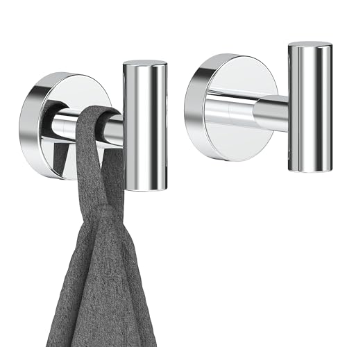 Chrome Bathroom Towel Hook, Coat Robe Clothes Hook for Kitchen Garage Wall Mounted 2 Pack, 304 Stainless Steel, Heavy Duty Door Hanger, Cabinet Closet Wall Hook for Hotel Pool (Polished Chrome)