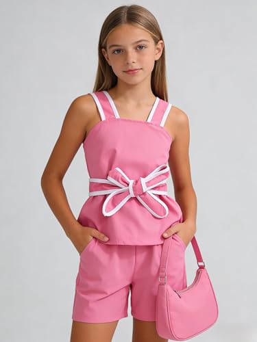 Image of Cakaner Tween Girls 2 Piece Outfit Set Summer Tank Top and Elastic Waist Shorts with Belt Size 7-14