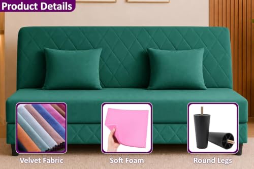 Image of Deco Studio 3 Seater Sofa Bed | Premium Upholstered Velvet Fabric Folding Couch for Living Room, Guest Room & Bedroom | Quilted Backrest with 2 Cushions (Green)