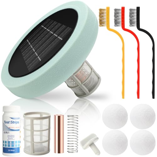 Qualirey Limpiador y purificador automático de agua flotante ionizador solar para piscina, 90% menos cloro, con 4 bolas eliminadoras de suciedad, hasta 45.000 galones para piscinas de agua salada y