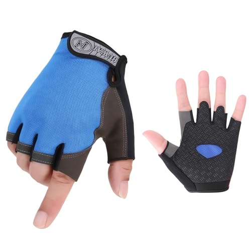 [MANJIAMEI] 子供用 自転車手袋 キッズ 男の子 半指 スポーツグローブ 指切り サイクルグローブ 春夏秋用 バスケ 手袋 滑り止め 通気性 登山 野球 幼稚園 幼児 小学生 6-10歳 ブルー