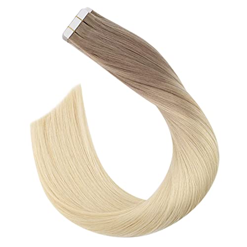 Tape in Full Head Hair Extensions 16 Inch Real Human Hair Extensions Tape in 40pcs 100g Seamless Balayage Tape in Hair Extensions #18 Blonde Ombre to #60 Blonde