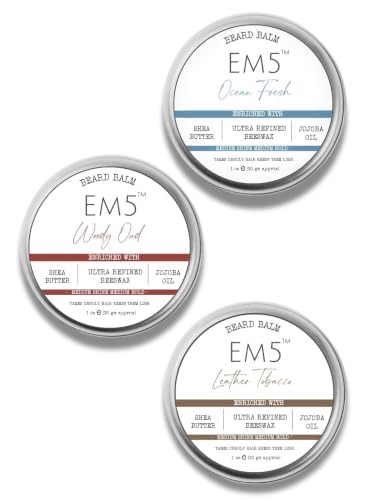 Image of EM5 Organic Beard Balm | Shape Style And Tame | Medium Hold & Shine | Long Lasting Fragrance | Mustache And Beards Wax For Him /Men (Leather Tobacco, Ocean Fresh, Woody Oud) | Pack of 3