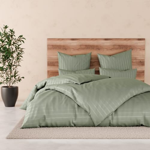 Pure Label Satin Bettwäsche 135x200 cm gestreift in Grün – inkl. 80x80 cm Kissenbezug, 100% Baumwolle – Elegante und angenehm weiche Bettwäsche aus Satin - Oeko-Tex Zertifiziert.