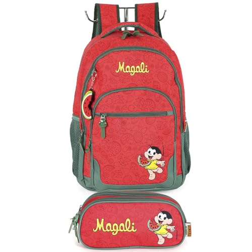 Kit Mochila De Costas Escolar Estojo Turma da Magali Mônica (Vermelho)