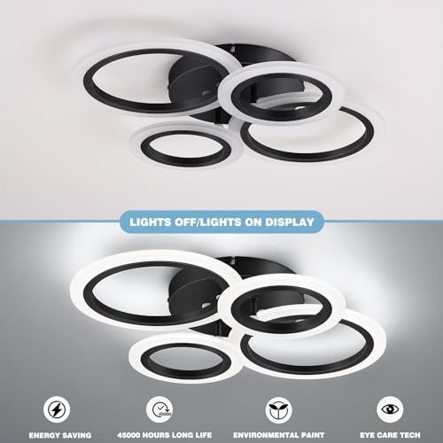Vikaey Modern LED Flush Mount Ceiling Light, 4 Rings Black Close to Ceiling Light Fixtures, Kitchen Lighting Fixture Ceiling Lamp for Bedroom, Living Room, Laundry Room, 4000K Not Dimmable by Vikaey - Used condition - Image 5