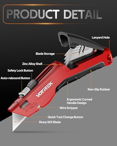 Image of VOTREK 2-Pack Box Cutter Utility Knife, [2-in-1] Retractable Box Cutter, Heavy Duty Safety Sharp Razor Knife for Home & Warehouse Cardboard, Carpet, [Blade Storage], with Extra Razor & Hook Blades