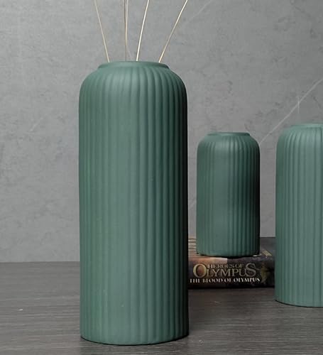 Image of KREATIVE ART'S Modern Ribbed Design Ceramic Flower Vase for Living Room, Flower Pots for Artificial Flower, Home Decoration Item, Home Decor, Vases for Living Room (Dark Green, Large)