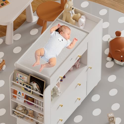 Nursery-Dresser-with-Baby-Changing-TableModern-Diaper-Changing-StationDresser-for-Nursery-with-3-Drawers-ShelvesStorage-Crib-with-Changing-TableWhite Nursery Dresser with Baby Changing TableModern Diaper Changing StationDresser for Nursery with 3 Drawers ShelvesStorage Crib with Changing TableWhite