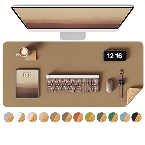 YSAGi Double-Sided Desk Pad, 31.5'x15.7'Leather Desk Mat, Eco Cork Desk Pad Protector,Large Mouse Pad,Waterproof Desk Blotter for Office/Home(Khaki)