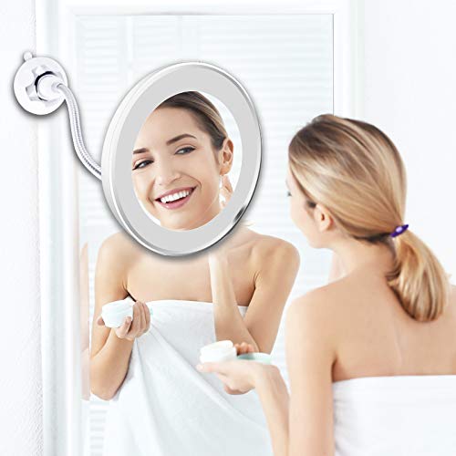 RUNDE Pack de Led Espejo de Maquillaje con luz Aumento de 8X con Ventosa & el Cuello de Cisne Flexible Ajustable 360 ° Espejo de Baño y 1 Esponja de Maquillaje de 17,5cm