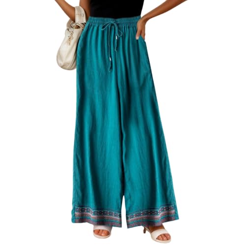 TIAFORD Women’s Cotton Linen Ethnic Embroidered Hem Wide Leg Pants Drawstring High Waist Casual Loose Trousers with Pockets