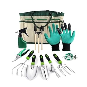 MOXTOYU Tuingereedschap met houders, 12 STKS roestvrij staal tuingereedschap, handen gereedschapsset met zware gereedschapstas, tuingereedschap voor mannen vrouwen met verschillende accessoires, tuingeschenken voor vrouwen