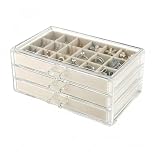 Milky Way 3 Drawers Earring Organiser, Acrylic Jewelry Box for Women, Velvet Clear Jewellery Organizer for Ring Earring Necklace Storage Display Case Gift (Beige)