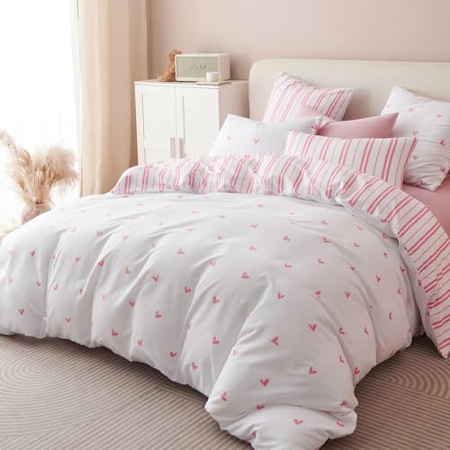 Tospass Juego de ropa de cama de 155 x 200 cm para niña, diseño de corazones rosas, microfibra, diseño de rayas rosas y funda de almohada de 80 x 80 cm, color blanco - imagen 2