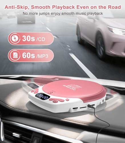 Image of Greadio Personal CD Player with Headphones, Portable Pink CD Player for Car & Home, Rechargeable CD Players with 60s Anti-Skip, Supports CD /MP3 /WMA /TF Card /AUX, Backlit /Lock /Programmable /Timer