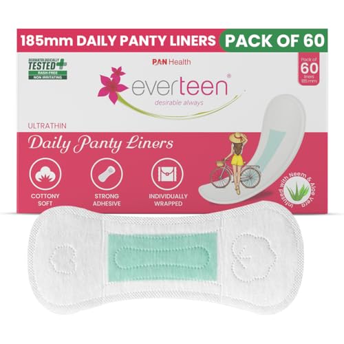 Image of everteen Panty Liners for Women, 60 Liners 185mm with Aloe Vera & Neem, Less than 1mm Ultra thin Cottony Soft Pantyliners, Prevents White Discharge & Rashes, Comfort on Non Period Days