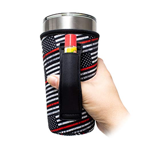 Lit Handlers Tumbler Holder - Insulated, & Neoprene Drink Sleeve for Large to XL Coffee & Tea Tumblers, Shaker Bottles, & Soda Cans - With Built-In Handle & Pocket (Red Line)