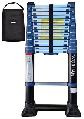 WORHAN Echelle 4.4m Télescopique Pro Aluminium STABILISATEUR RÉTRACTABLE Fonction Espacement Mural Intégrée Anodisé Solide Extensible avec Une Barre...