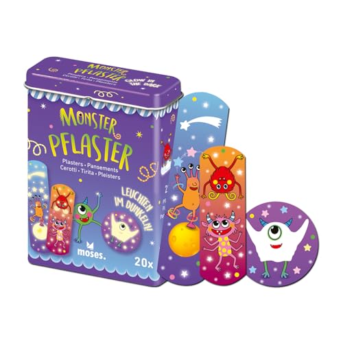 moses. Monster - Tiritas luminosas para niños, 20 unidades, en 3 tamaños, con motivos monstruosos y efecto luminoso, en práctica caja de metal para pequeñas lesiones y heridas