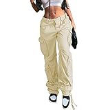 Viatabuna Women's High Rise Straight Leg Y2K Streetwear Cargo Pants Baggy Boyfriend Pants with Pocket Apricot