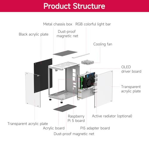 Image of Yahboom Raspberry Pi 5 M.2 SSD PCIe Mini PC Case for Pi 5 with Tower Radiator,RGB Fan,OLED Display,with M.2 to Adapter,256GB NVME SSD
