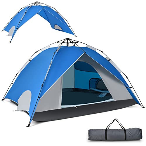 Tangkula 4 Person Pop up Camping Tent, 2-in-1 Portable Backpacking Tent with Removable Rainfly, Carry Bag, 2 Mesh Windows, 2 Doors, Family Dome Tent for Camping Hiking Mountaineering