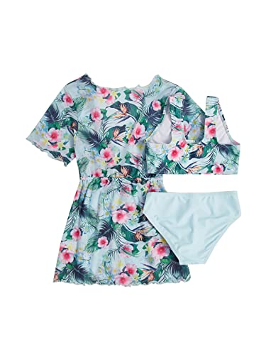 WDIRARA Toddler Girl's 3 Pieces Tropical Print Bikini Swimsuit with Belted Cover Up Kimono2