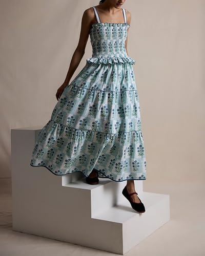 Image of Y2k Patchwork Floral Maxi Dress Boho Flowy Ruffle Tiered Summer Dress Cute Beach Smocked Long Sundresses for Women