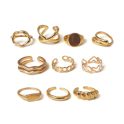 10 Anillos Mujer Dorados Estilo Chunky Acero Inoxidable Ajustables Apilables - Juego de Anillos Gruesos Domo Trenzado Twist para Falange y Pulgar - Colección de Joyería