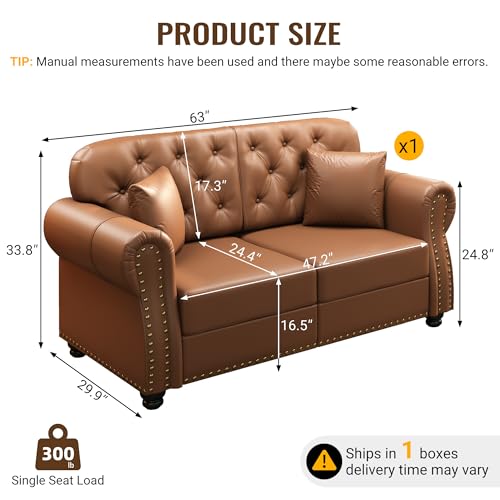 Image of KEIKI 63 inch Faux Leather Chesterfield Sofa with Rolled Arms & Nailhead Trim, Modern Style 2-Seater Button Tufted Couch with High Resilience Cushion & 2 Pillow, Easy Assembly, for Living Room, Brown
