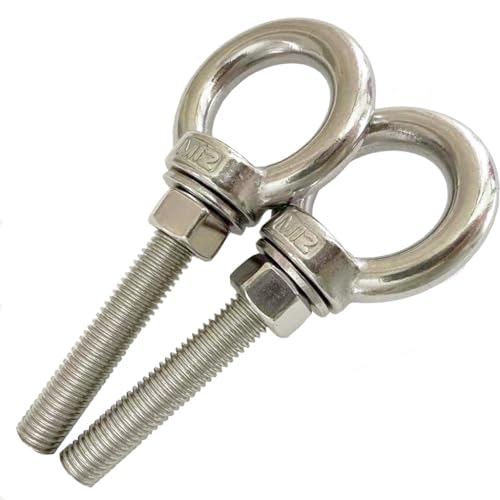 Image of 304 Stainless Steel Shoulder Eye Bolts, 2 PCS M12 Heavy Duty Eye Bolt Lifting Ring 2.75 inch Threaded Eyebolt with Nuts and Flat Washers(Thread Length 70mm) Muti-Function for Indoor Outdoor