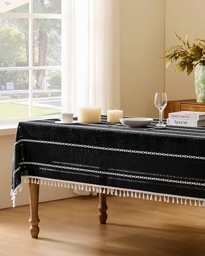 ZeeMart-Hemstitched-Embroidery-Striped-Boho-Tablecloth-60×84-Inch-Black-Heavy-Weight-Farmhouse-Burlap-Linen-Black-Tablecloth-Wrinkle-Resistant-Washable-Table-Cloth-for-Rectangle-Table ZeeMart Hemstitched Embroidery Striped Boho Tablecloth 60×84 Inch Black Heavy Weight Farmhouse Burlap Linen Black Tablecloth Wrinkle Resistant Washable Table Cloth for Rectangle Table