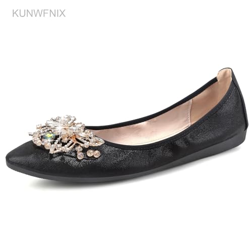 Image of KUNWFNIX Women Ballet Flats Rhinestone Wedding Ballerina Shoes Foldable Sparkly Comfort Slip on Flat Shoes