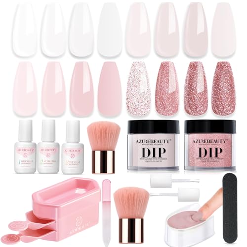 AZUREBEAUTY Dip Nail Kit Starter & Recycling Tray System, Nude Pink Glitter Neutral Skin Transparent, 4 Colors Dipping Powder Set All Seasons, French Nail Art Base Top Coat Activator