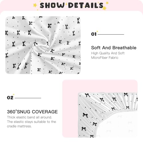 Image of Fitted Crib Sheets Black Bow Dot White Stretchy Portable Playard Sheets for Baby Toddler, Breathable Soft Mini Crib Mattress 39 x 27 in for Boys and Girls