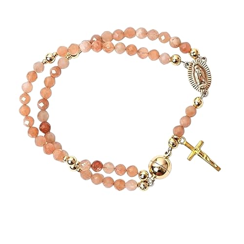 ZQBBUD Grace & Faith: Handcrafted Rosary Bracelet Christian Prayer Beads Handcrafted Rosary Bracelets Magnetic Cross Charm Link Chain Christian Gift for Women (Sunstone)