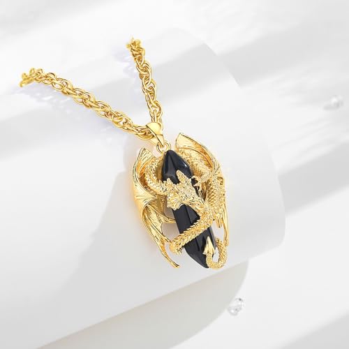 INFUSEU Dragon Pendant Necklace Men Women Black Obsidian Crystal Jewelry Spiritual Protection Gifts Big Birthday Gothic Goth Punk Stuff Cool Personalized Present2