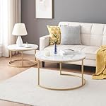 Marmor Optik Couchtisch Runder Goldrahem - 2er Set Satztisch, Modern Wohnzimmertisch und Beistelltisch für Wohnzimmer, Ø80x45H cm & Ø60 x35H cm (Weiß und Gold) – Bild 5
