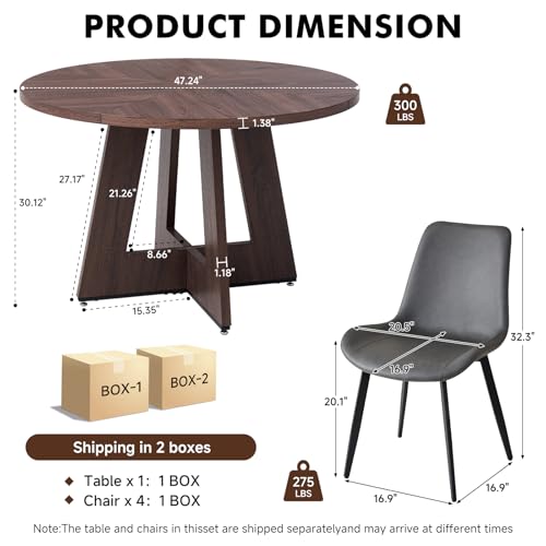 Image of 47 inch Round Dining Table Set for 4, Kitchen Table and Chairs | Wooden Cross Base, Synthetic Leather Chair, for Apartment