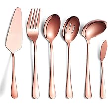 6-Piece Copper Serving Flatware Silverware Set,Stainless Steel Serving Utensil Set,Include Cake Server, Slotted Serving Spoon, Serving Spoon, Cold Meat Fork, Butter Knife, Soup Ladle
