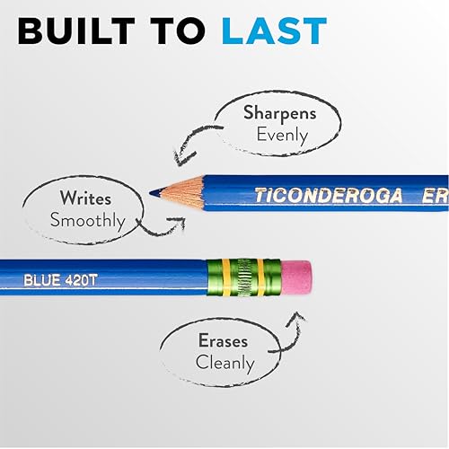 Image of Ticonderoga Erasable Checking Wood-Cased Pencils, Pre-Sharpened | Blue, 12 Count, Teacher Correcting, with High Quality Eraser
