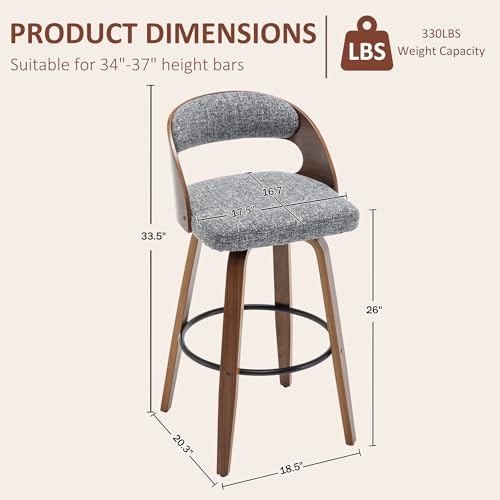 Image of AQG Swivel Bar stools Set of 3 Bar Chairs 26 inch Counter Height Mid-Century Modern Bentwood Barstool Faux Linen Upholstered Bar Chair with Back and Footrest, for Bar, Cafe, Dining, Kitchen Island, Gray