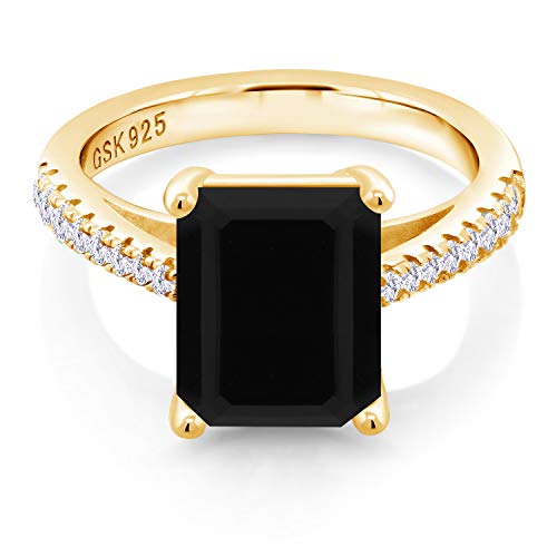 Gem Stone King Gemstone Birthstone and White Created Sapphire 18K Yellow Gold Plated Silver Ring For Women | Emerald Cut 10X8MM | Available In Size 5, 6, 7, 8, 9